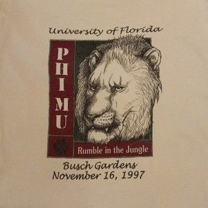 Phi Mu Mens Tshirt XL 1997 Busch Gardens Univ of FL Rumble in the Jungle Lion